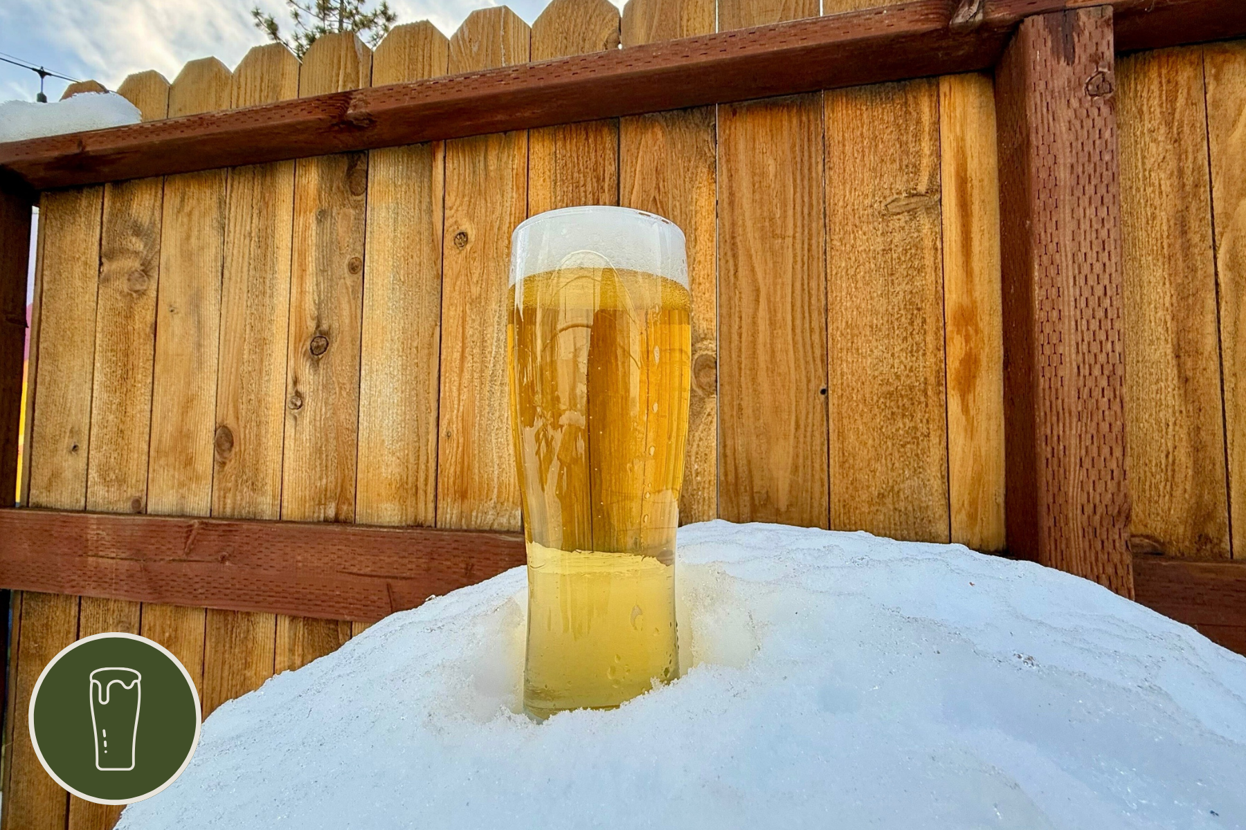 Pint of Helles Lager in a snowpile in front of a wooden fence in our beer garden