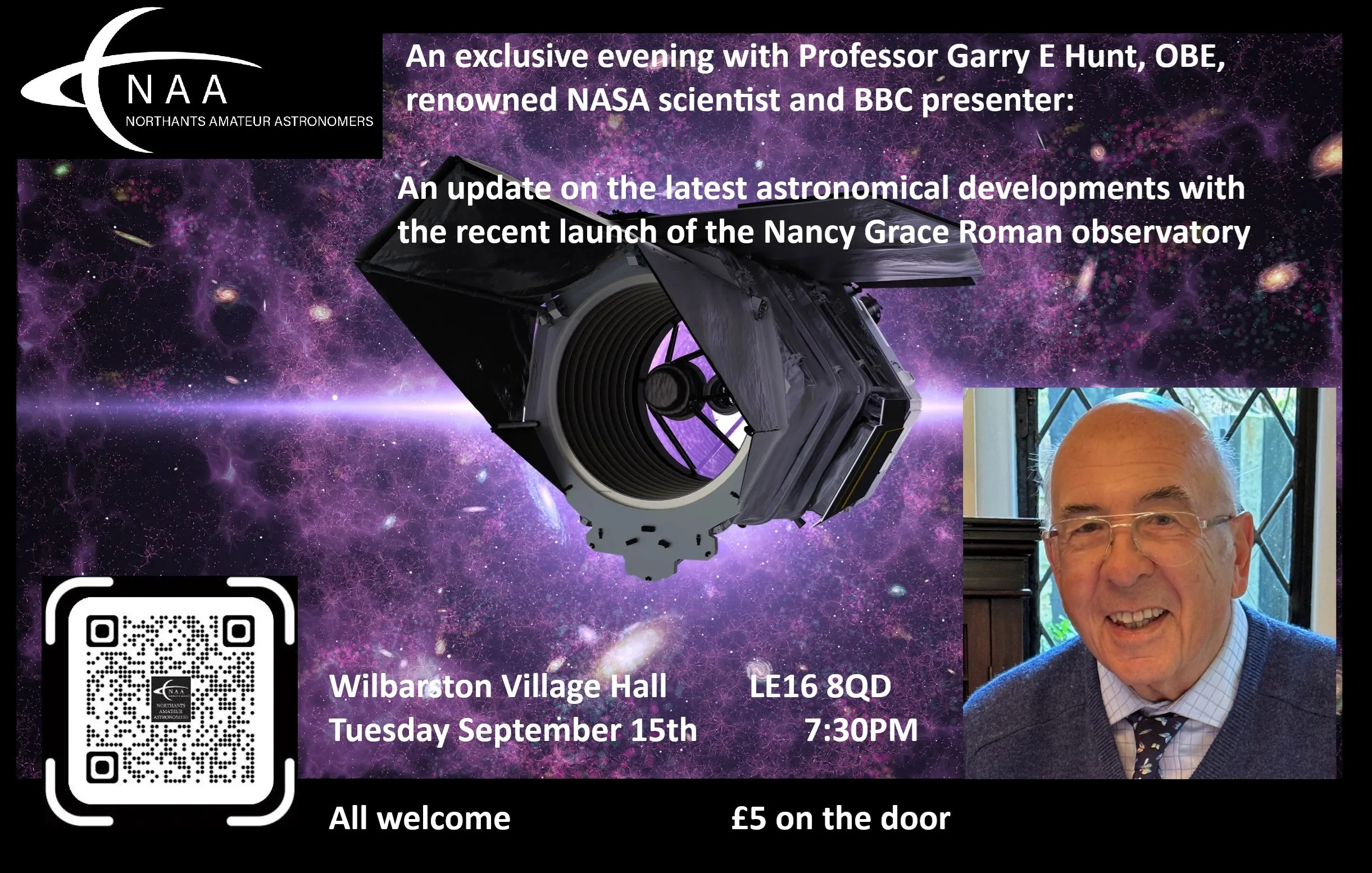 An evening with renowned scientist Professor Garry E Hunt, exploring new discoveries with the launch of the Nancy Grace Roman Telescope