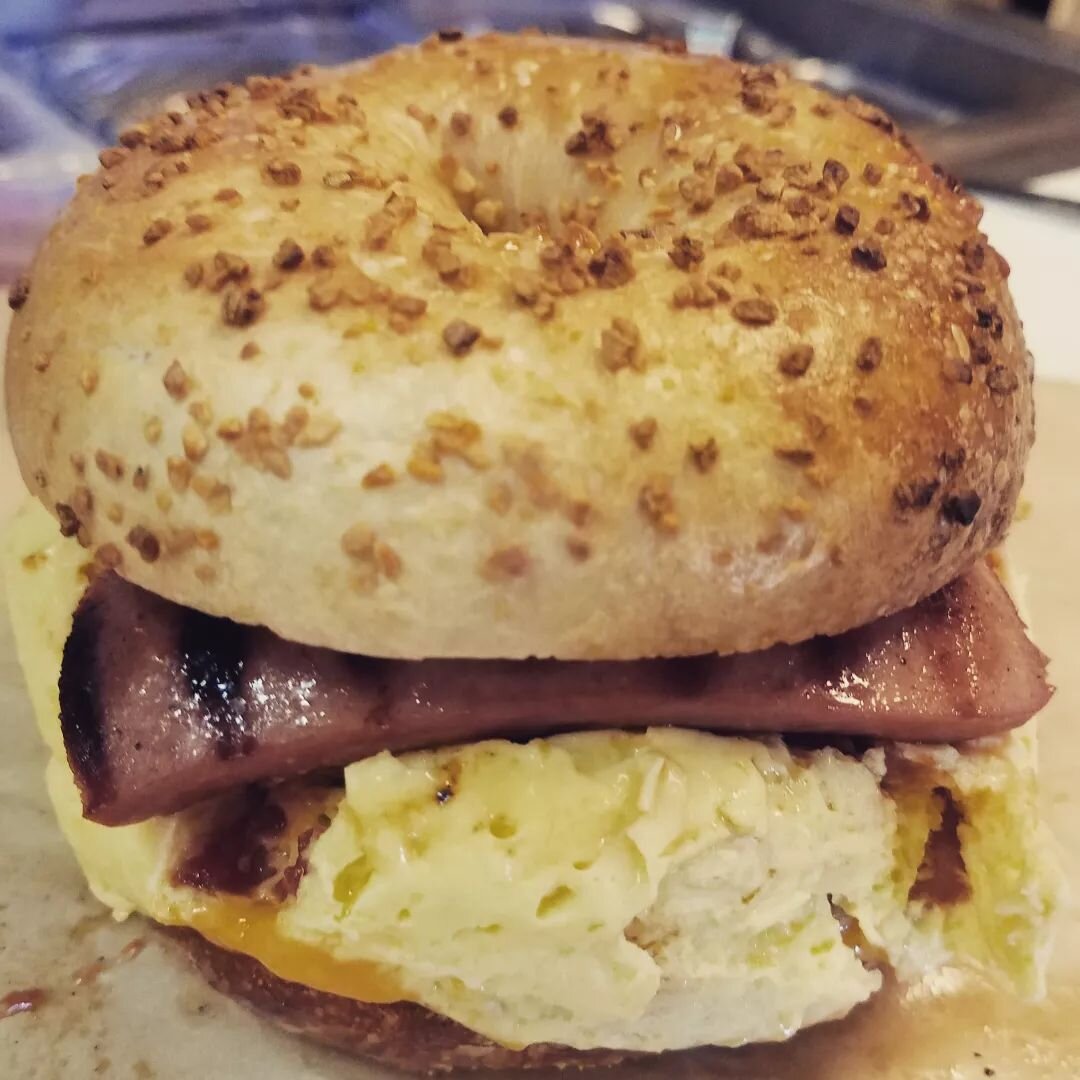 Ham Egg &amp; Cheddar on a 
Garlic Homegrown Bagel