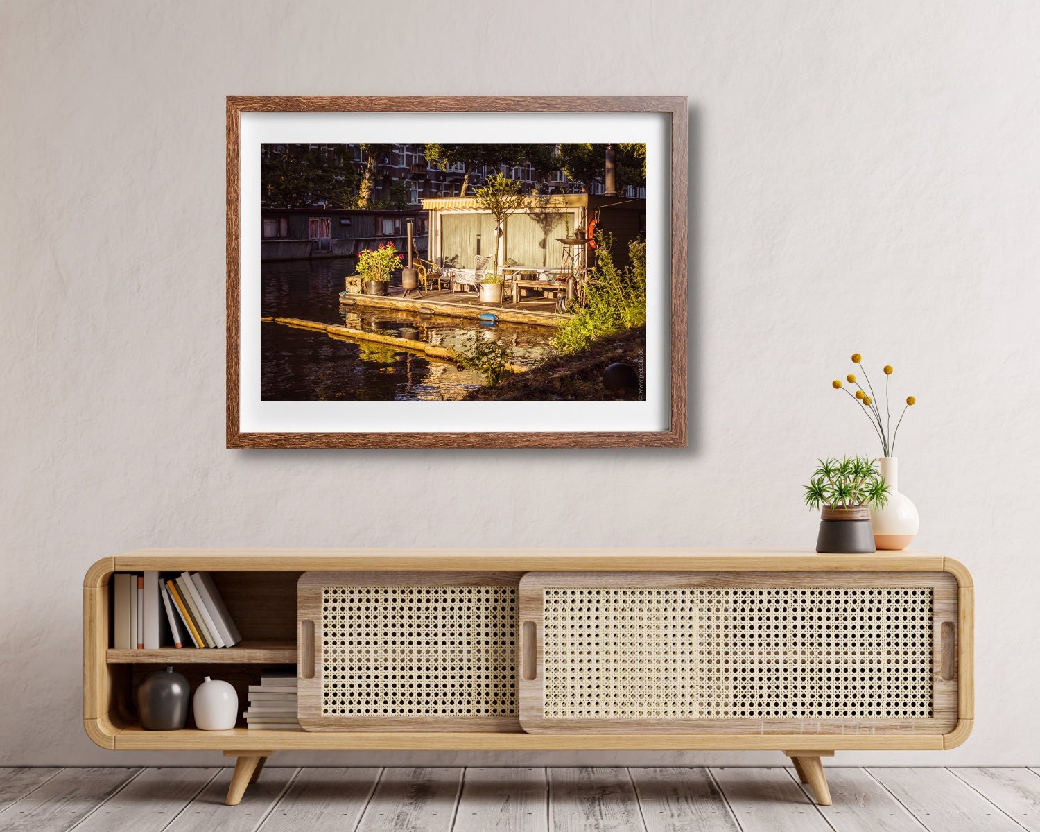 Amsterdam houseboat photography print showcasing Dutch canal life, featuring a charming floating home. Perfect for adding a touch of Netherlands culture to your home decor.