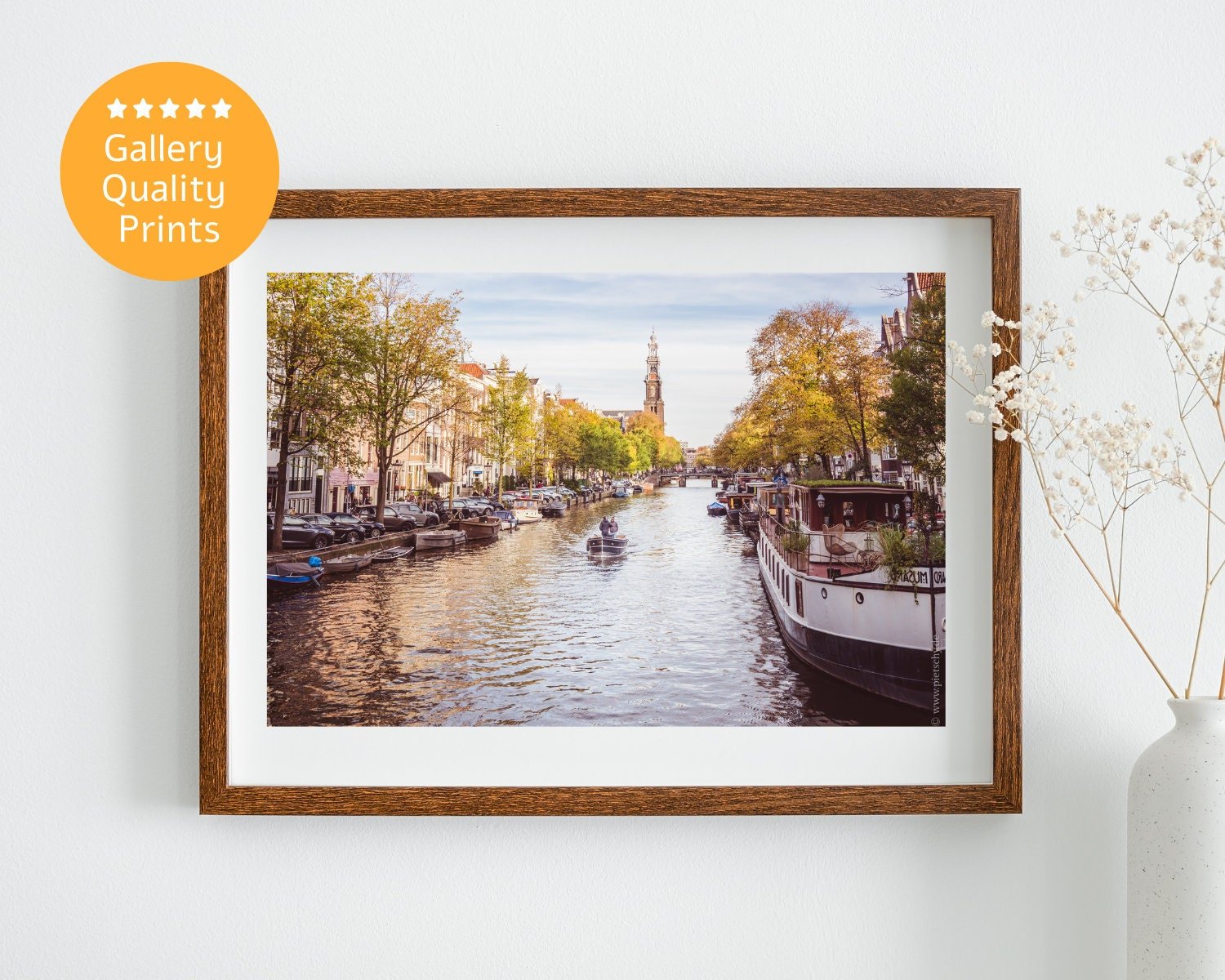 Fine art print of autumn at Prinsengracht, Amsterdam poster featuring vintage-style Dutch canal scenery, perfect for living room decor and adding cozy charm with fall colors.