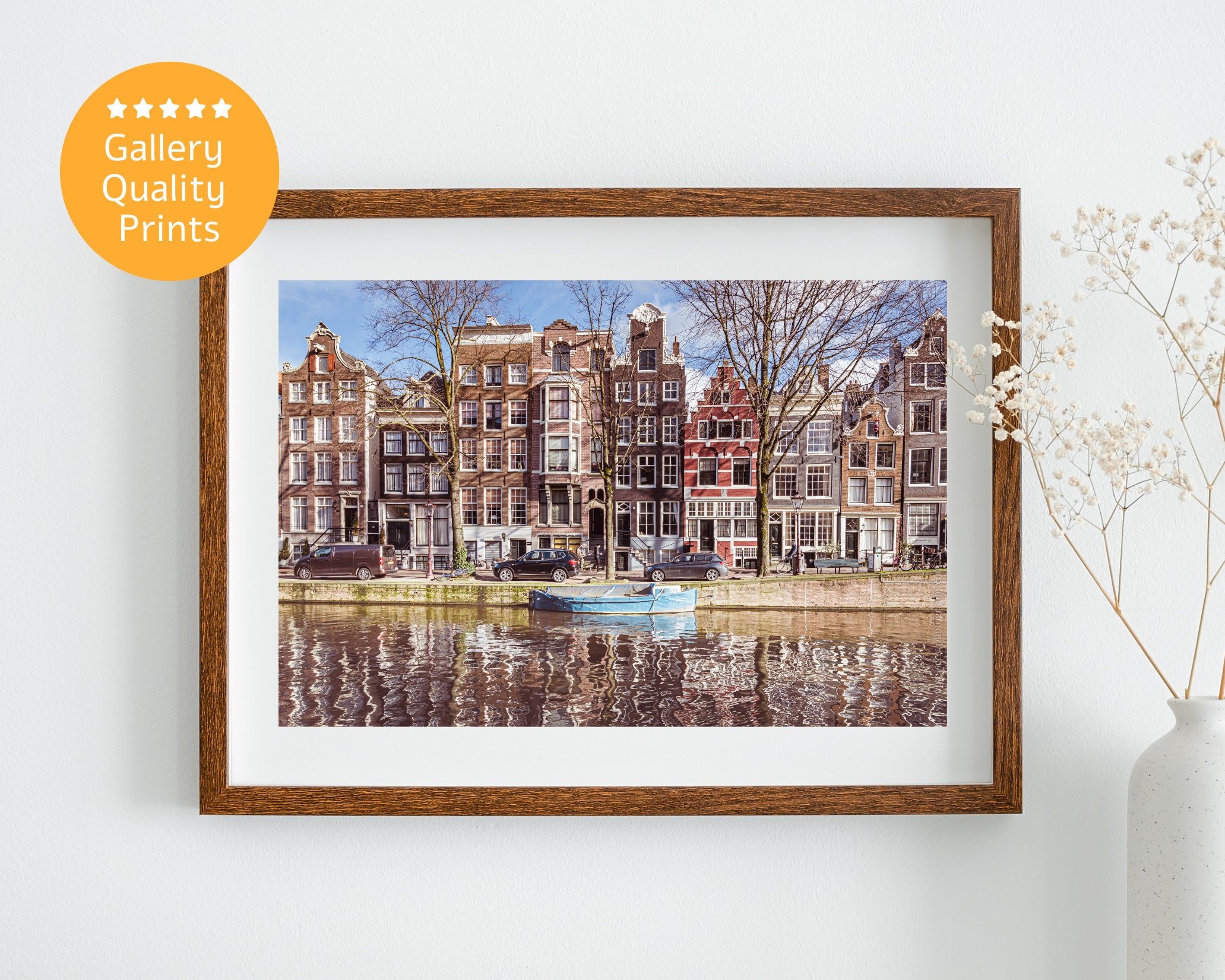 Dutch canal houses in winter, fine art print of Amsterdam canals, vintage Netherlands photography, cityscape wall decor