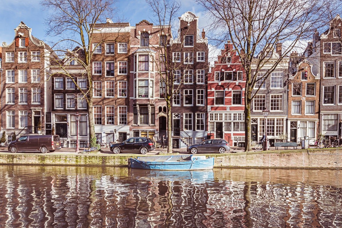 Dutch canal houses in winter, fine art print of Amsterdam canals, vintage Netherlands photography, cityscape wall decor