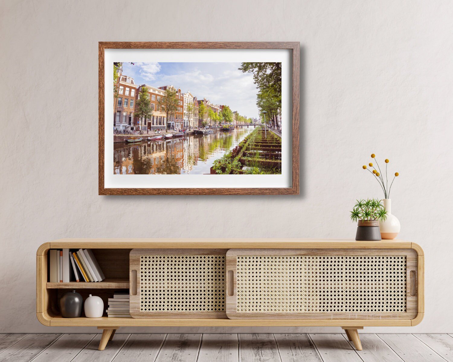 Amsterdam canal photography print featuring Dutch canal houses in the Jordaan, showcasing serene reflections and iconic architecture, perfect for fine art wall decor or living room display.