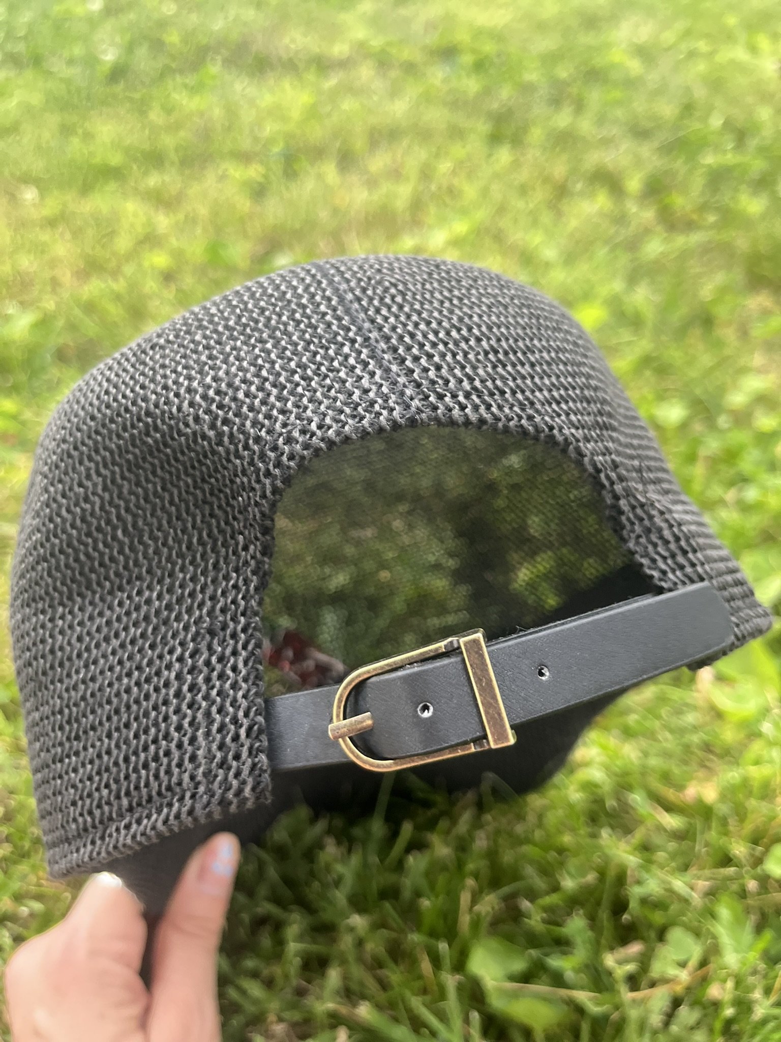 back of raffia hat with buckle detail