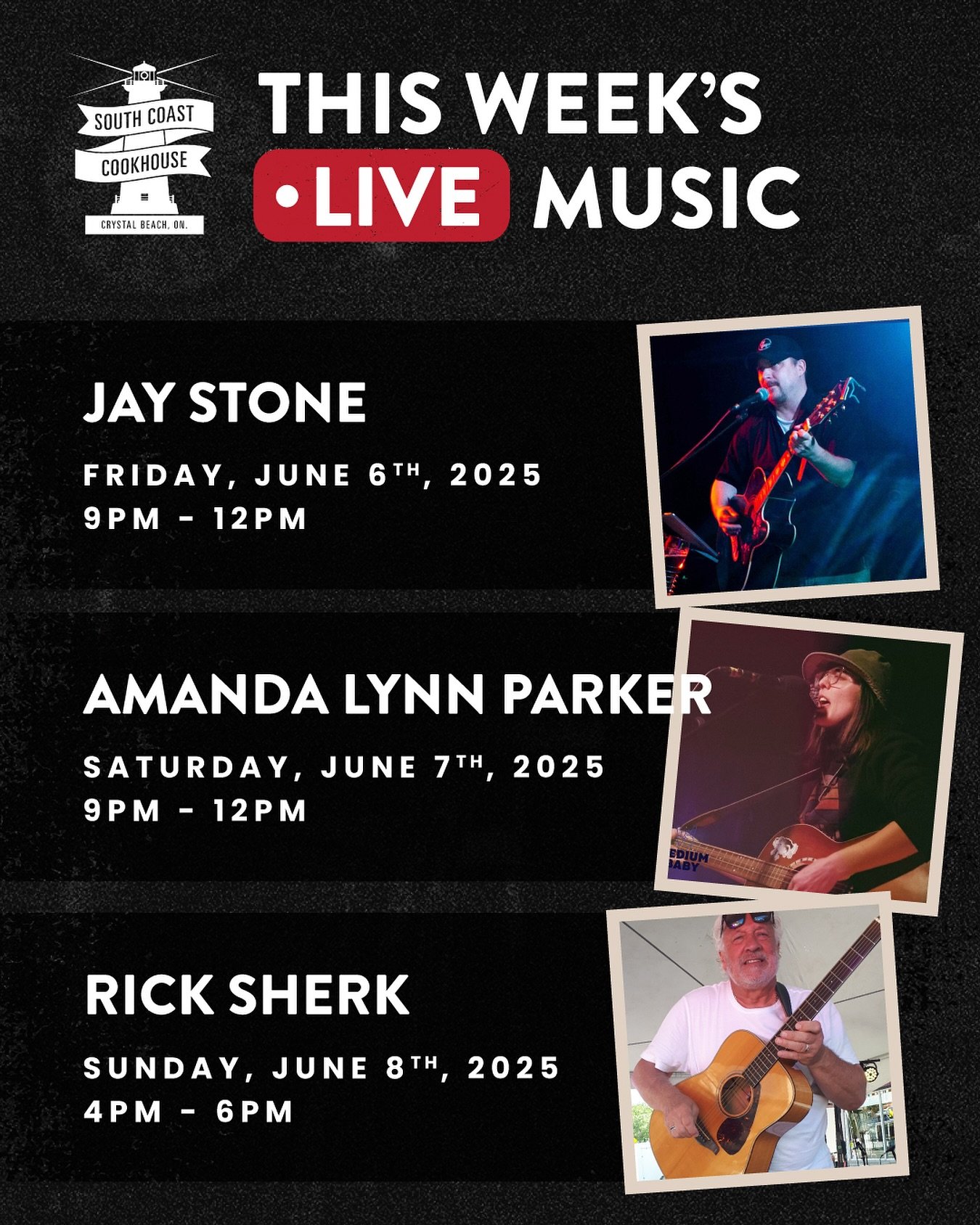 🎶 Weekend vibes are on the menu at South Coast Cookhouse!

🔥 Here&rsquo;s your live music lineup:
🎤 Friday 9&ndash;12: Jay Stone
🎸 Saturday 9&ndash;12: Amanda Lynn Parker
🎶 Sunday 4&ndash;6: Rick Sherk

Grab a seat, order your faves, and let the