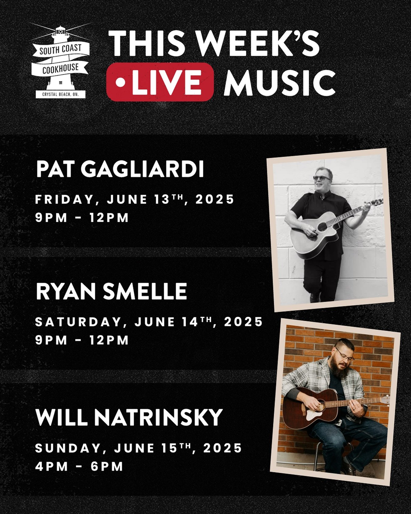 🎶 The soundtrack to your weekend is waiting at South Coast Cookhouse!

🔥 Here&rsquo;s your live music lineup:
🎤 Friday 9&ndash;12: Pat Gagliardi
🎸 Saturday 9&ndash;12: Ryan Smelle
🎶 Sunday 4&ndash;6: Will Natrinsky

Pull up a chair, sip somethin