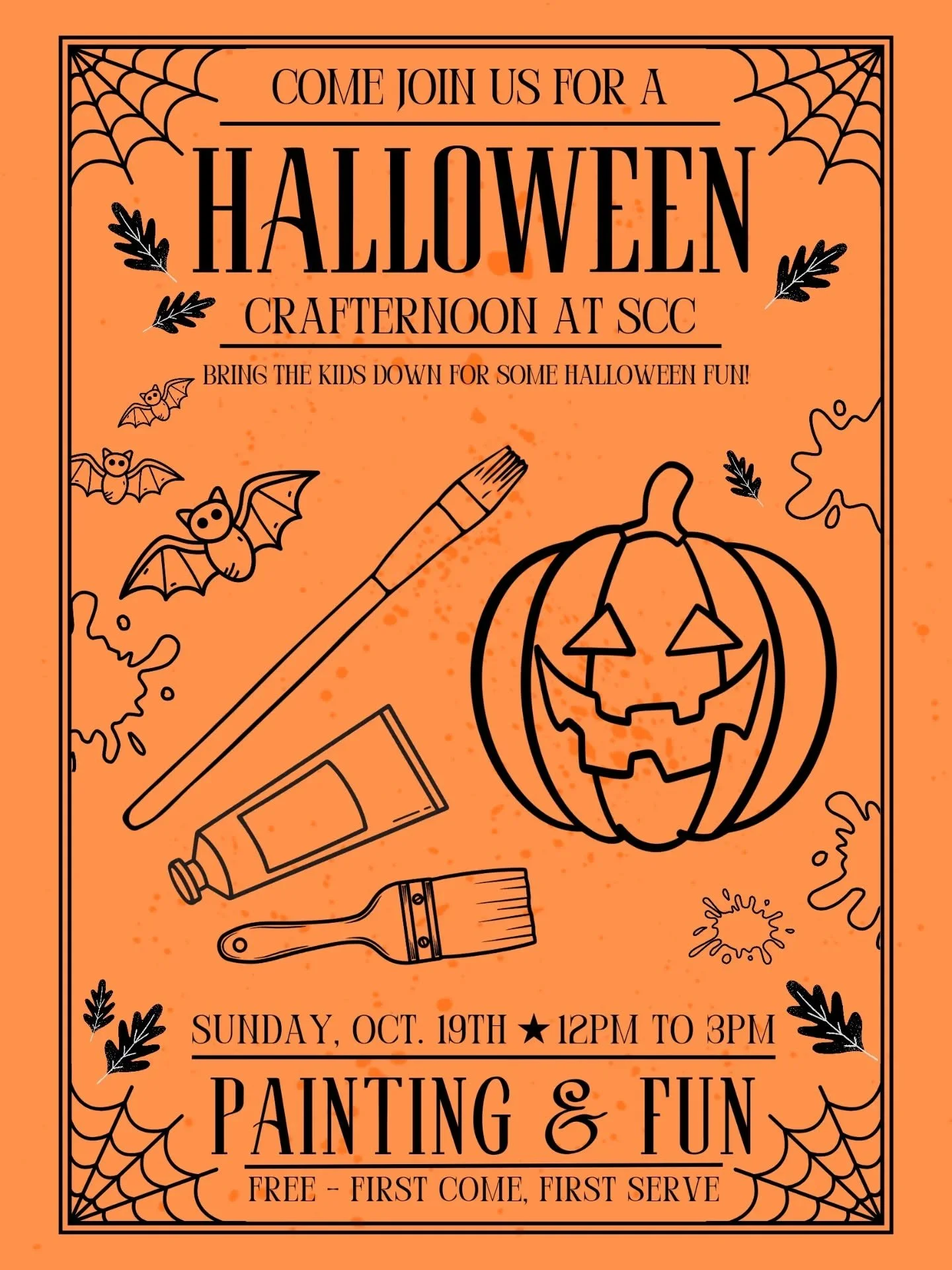 This Sunday, October 19th from 12pm to 3pm, join us for some Halloween fun! We have organized a kids Halloween crafternoon, where they will get to paint their own spooky skull, pumpkin or bat ππ
Free to participate, so swing by SCC this Sunday for