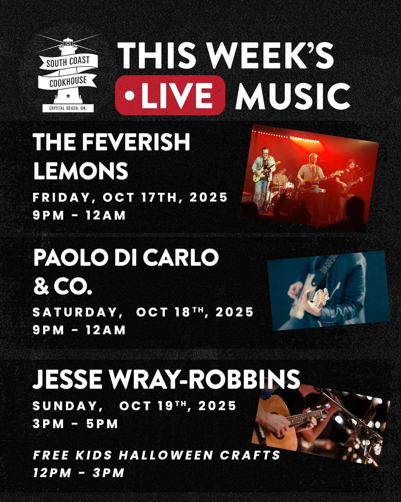 πΆπ» The weekend lineup is stacked at South Coast Cookhouse!
π₯ Friday → The Feverish Lemons | 9PM–12AM
π₯ Saturday → Paolo Di Carlo & Co. | 9PM–12AM
πΈ Sunday → Jesse Wray-Robbins | 3PM–5PM
π» Plus, free Kids Ha