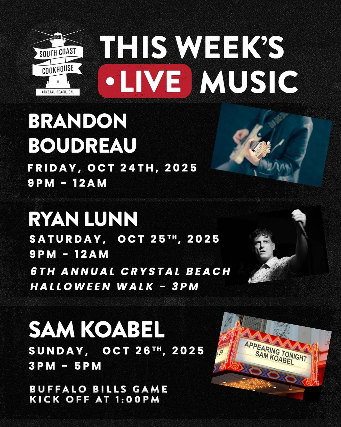 π Weekend lineup at South Coast Cookhouse!
Get ready for a packed weekend in Crystal Beach, live music, local fun, and the Bills game on the big screen!
Friday, Oct 24 | 9PM–12AM
πΈ Brandon Boudreau takes the stage to kick off the weekend.