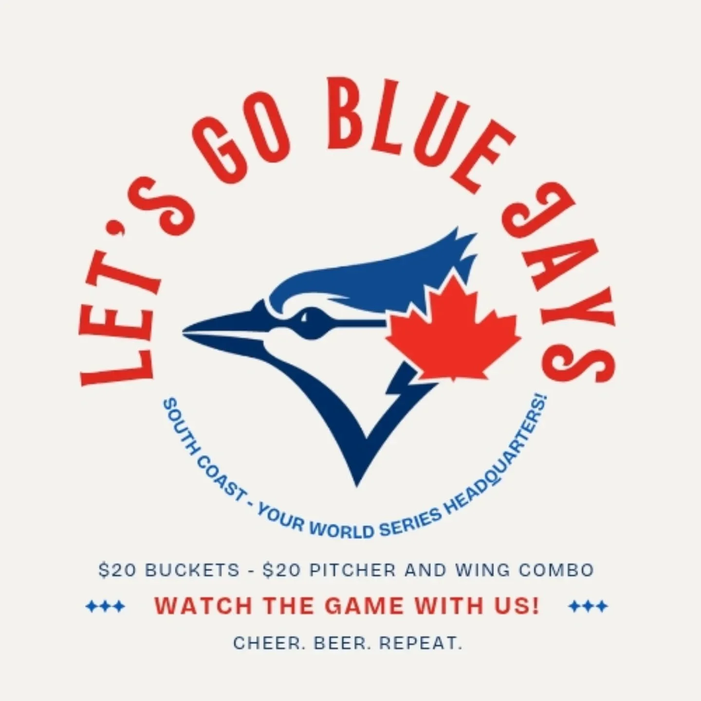 Let's Go Blue Jays!!! βΎπ¦
We are so excited for tonight, and even more excited to share this moment with you guys! Game starts at 8, if you are reppin' your Blue Jay's gear you get a half pint on us πΊ Order the World Series Combo - 10 wings and a p