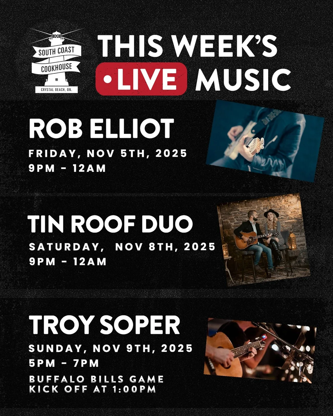 🎶 Weekend lineup at South Coast Cookhouse!

The best nights in Crystal Beach are back, good food, great friends, and live music all weekend long 🍻

Friday, Nov 7 | 9PM&ndash;12AM
🎸 Rob Elliot 

Saturday, Nov 8 | 9PM&ndash;12AM
🎤 Tin Roof Duo 

Su