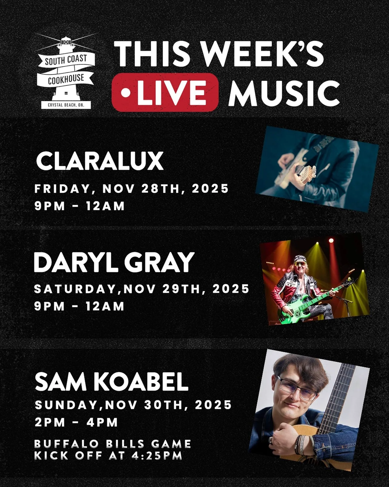 🎶 Weekends just hit better at South Coast.

Cold pints, stacked plates, and live music that keeps the good times rolling &mdash; your only job is to show up and enjoy it 🍻

Friday | Claralux 9&ndash;12
PD Day: Kids eat 50% off (TODAY ONLY!)
Saturda