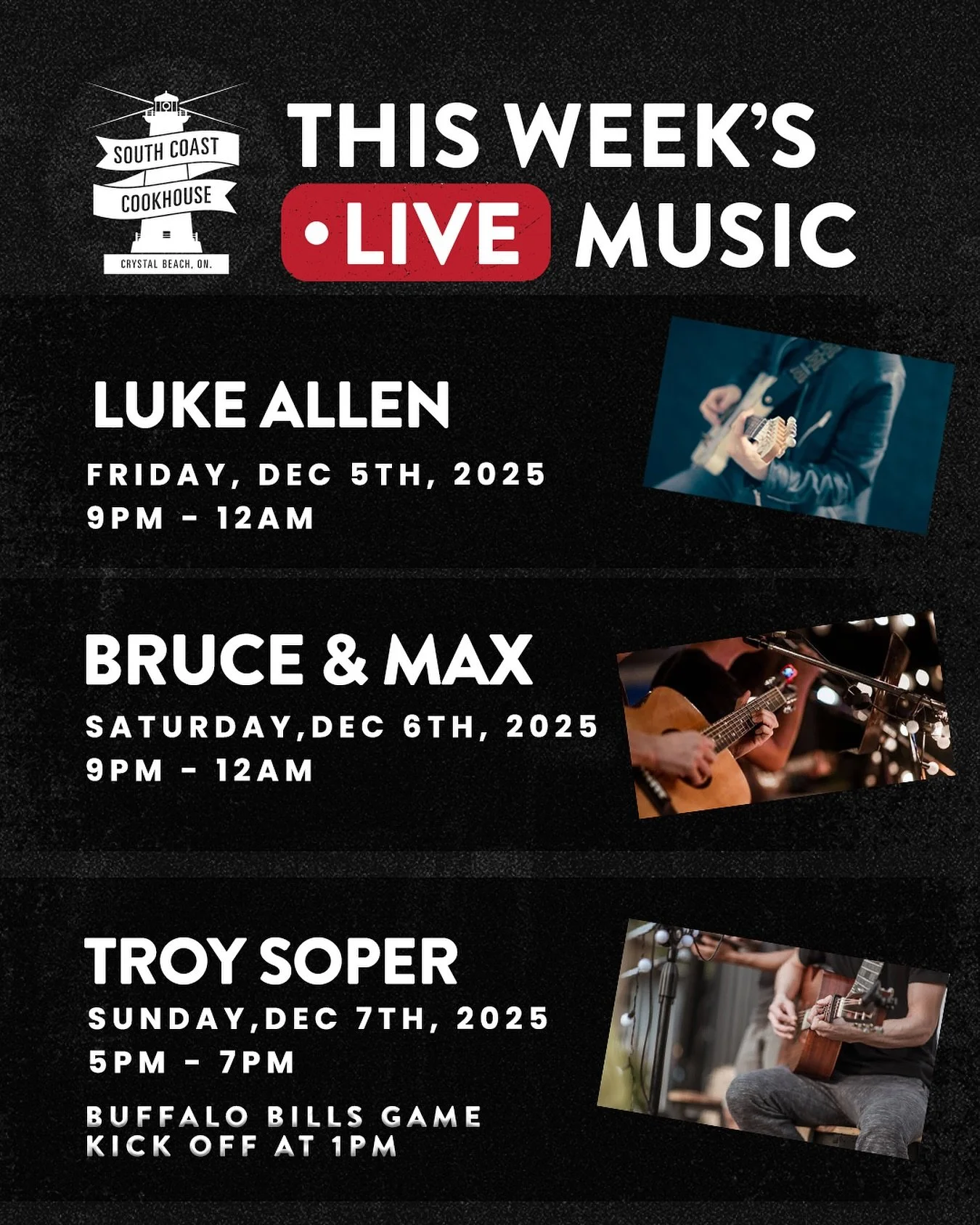 🎶 Weekends hit different at South Coast Cookhouse.

Big flavours, cold drinks, and live music all weekend long, consider your plans made 🍻

Friday | Luke Allen | 9&ndash;12
Saturday | Bruce &amp; Max | 9&ndash;12
Sunday | Troy Soper | 5&ndash;7

Wh