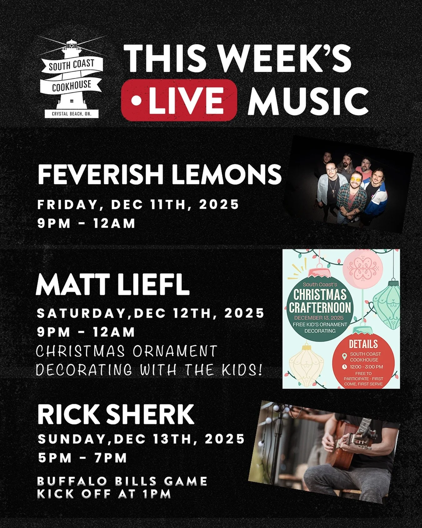 🎄 Another stacked weekend at South Coast Cookhouse! 🎶🍔

Crystal Beach is feeling extra festive and we&rsquo;ve got something for everyone:
FRIDAY | 9&ndash;12 PM
🎵 Feverish Lemons

SATURDAY
🎶 Matt Liefl from 9&ndash;12 PM
🎨 Kid&rsquo;s Craftern
