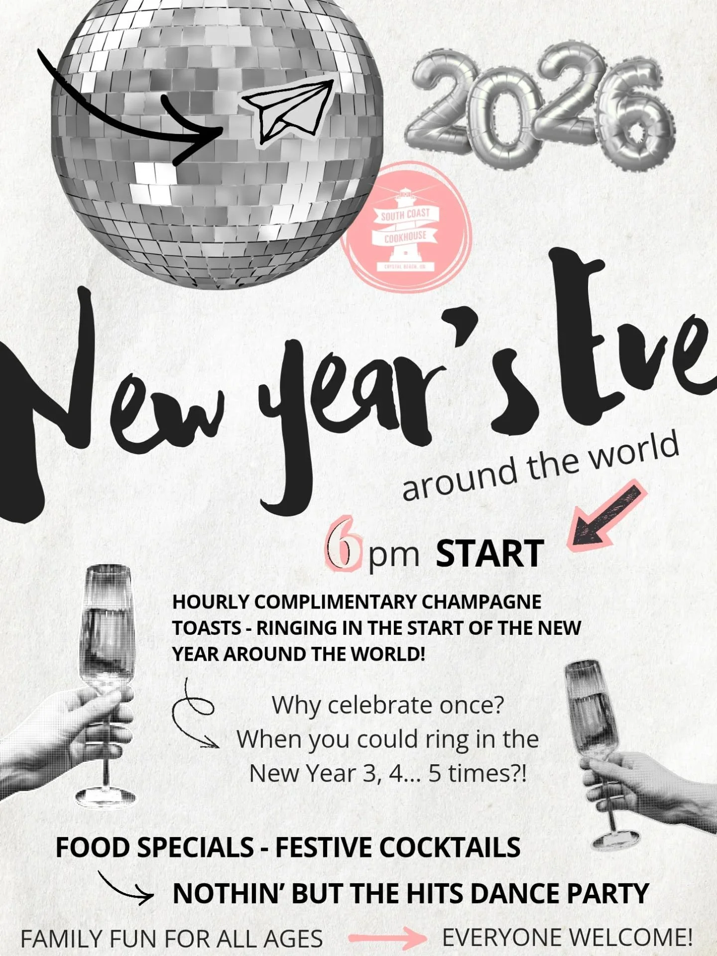 Here at SCC we like to party! 🥂 And everyone is invited - Join us for our absolute favourite SCC tradition, New Years Eve Around The World! Hourly champagne toasts to ring in the New Year, fun for all ages. Starting at 6pm and running right up until