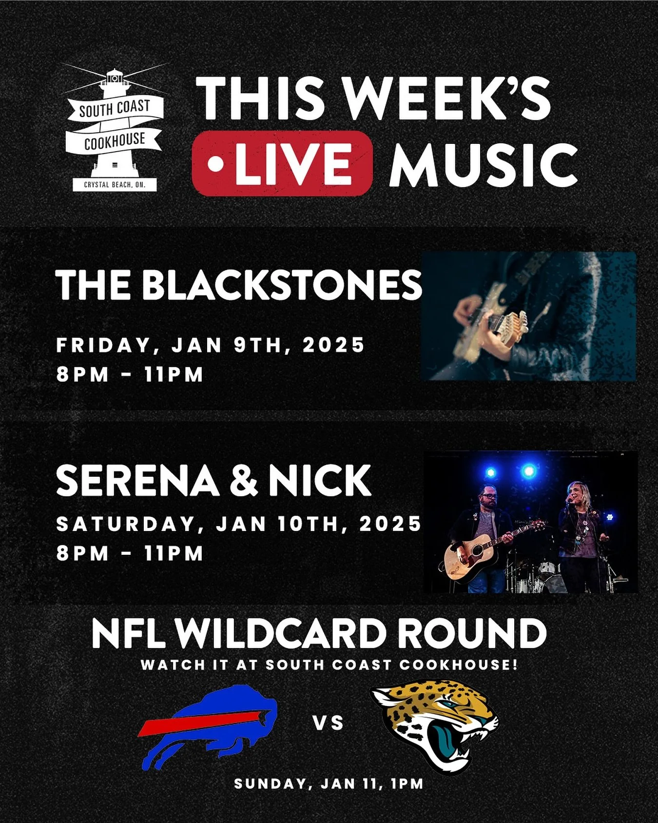 Weekend plans = handled 🎶🏈

Live music. Cold drinks. Great food.

South Coast Cookhouse is the place to be all weekend long 👇
🎸 Live Music
&bull; Friday (8&ndash;11): The Blackstones
&bull; Saturday (8&ndash;11): Nick &amp; Serena

🏈 NFL Wildcar