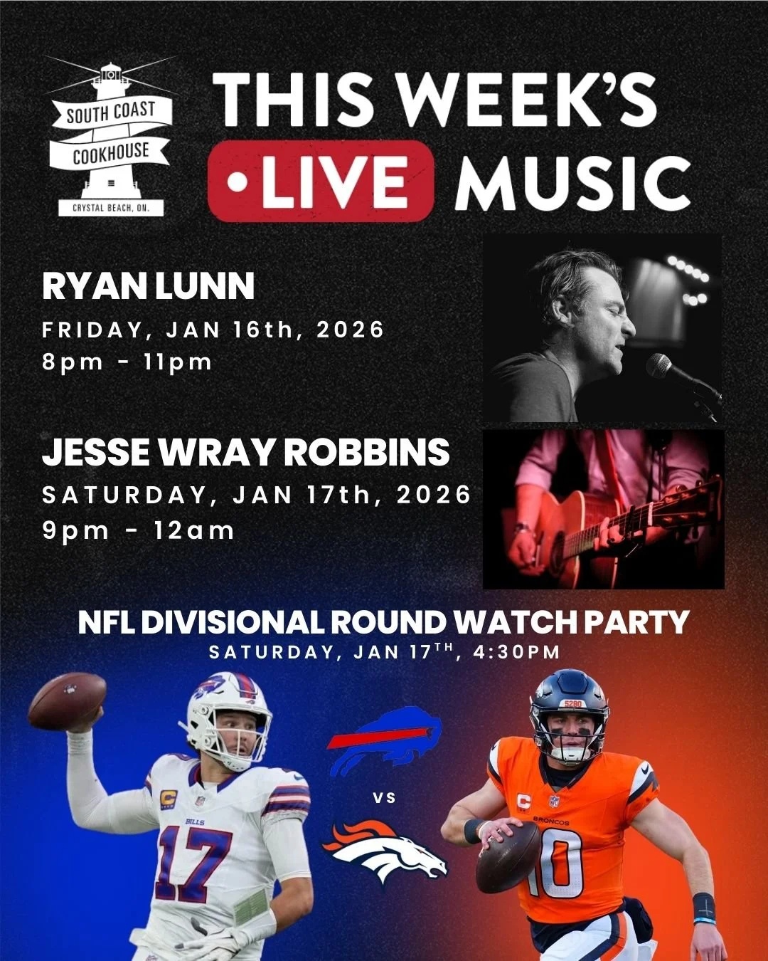 Weekend plans just got better 🎶🏈💙❤️

🎸 Live Music
&bull; Friday | 8&ndash;11 PM: Ryan Lunn
&bull; Saturday | 9&ndash;12: Jesse Wray Robbins

🏈 Saturday | 4 PM &mdash; Bills vs Broncos
Bills Mafia, this one&rsquo;s for you. Cold drinks, game soun