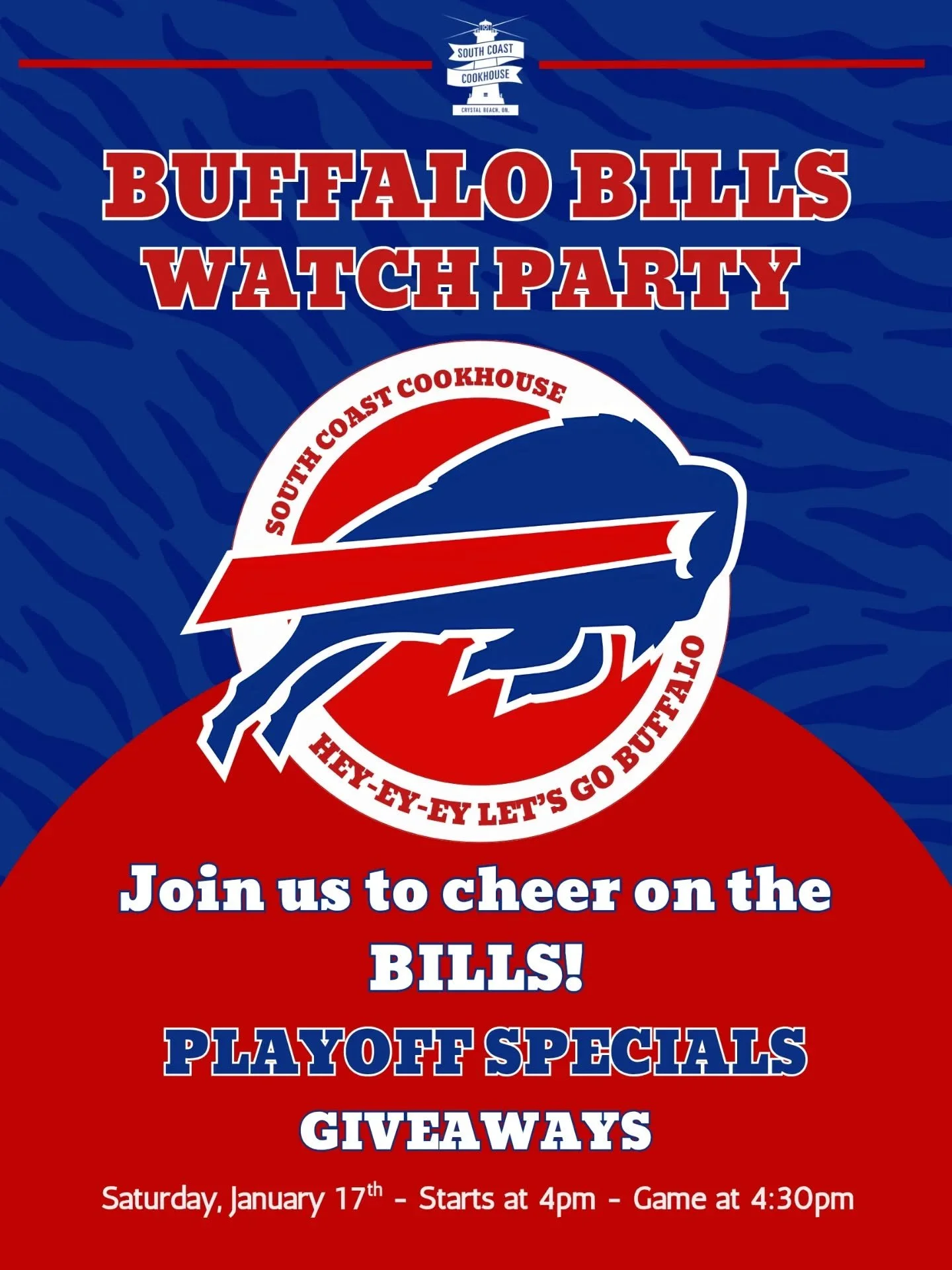 HEY-EY-EY LET'S GO BUFFALO!!! Playoff Game tomorrow - and there is nothing like cheering on your team with friends! 

We will have your favourite playoff snacks, beer specials, games and giveaways 🏈

Wear your Bills' gear and get a half pint on us ?