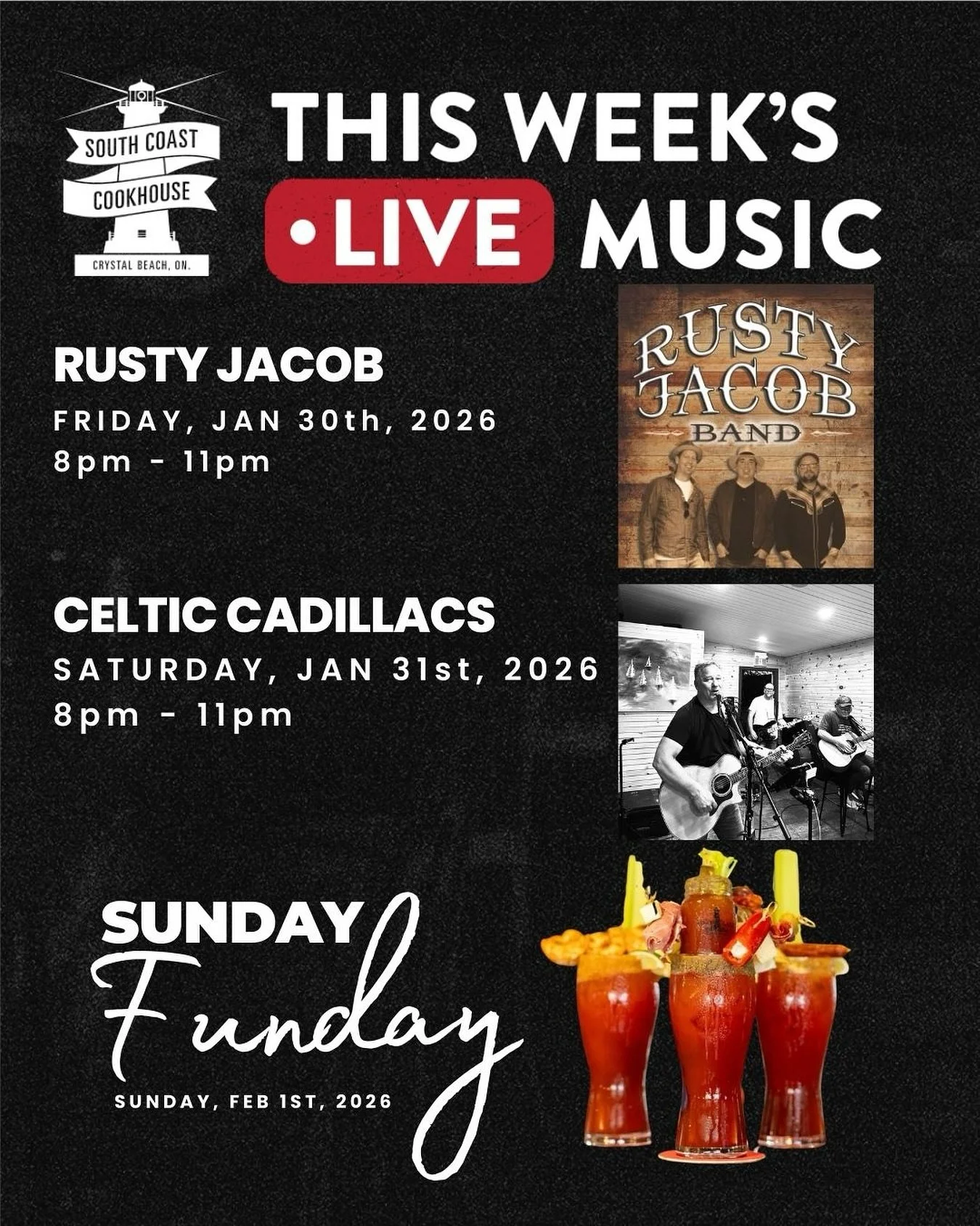 Weekend vibes are calling 🎶🍸🌊

🎤 Live Music at South Coast Cookhouse &bull; Friday | 8&ndash;11 PM: Rusty Jacob &bull; Saturday | 8&ndash;11 PM: Celtic Cadillacs

Two nights of live sound, great energy, and the kind of atmosphere that turns a cas