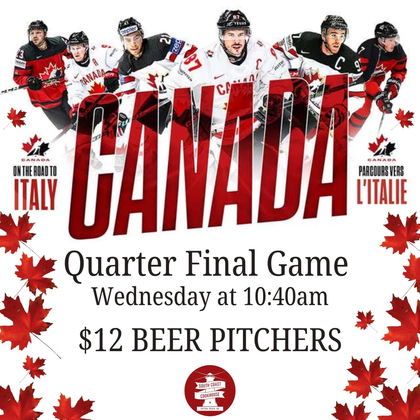 BIG GAME TODAY! 🏒

Join us to cheer on the Men's Hockey Team as they face off against Czechia today at 10:40am! We will be opening at 10:30 to screen the game, and to celebrate we have $12 beer pitchers on special 🍺 

Let's Go Canada! 🍁