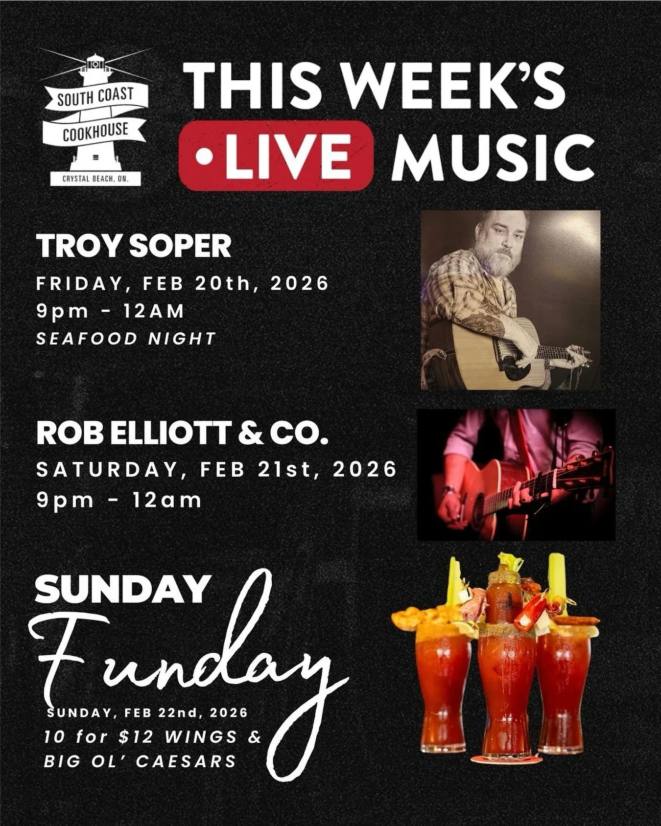 🎶 This weekend at South Coast Cookhouse is sounding real good. 🍻🔥

We&rsquo;ve got live music, seafood, wings, Caesars&hellip; and zero excuses to stay home.

Here&rsquo;s what&rsquo;s happening 👇

🎤 Friday, Feb 20
Troy Soper | 9PM &ndash; 12AM
