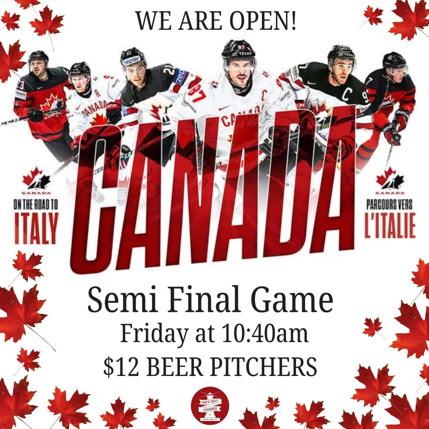 We will be open at 10:30 this morning to screen the semi-final hockey game! All of the TVs will be playing the game, and the sound will be ON 🏒 So head on down and let's cheer on Canada together 🍁