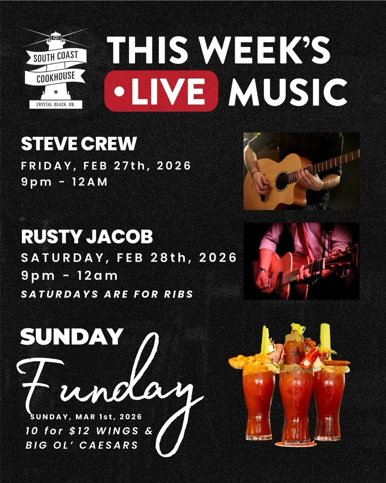 Your weekend soundtrack is set. 🎶🔥

Friday, Feb 27 | 9PM&ndash;12AM
Live music with Steve Crew &mdash; cold drinks, great energy, and the perfect Friday night vibe.

Saturday, Feb 28 | 9PM&ndash;12AM
Rusty Jacob live + Saturdays are for ribs. That&