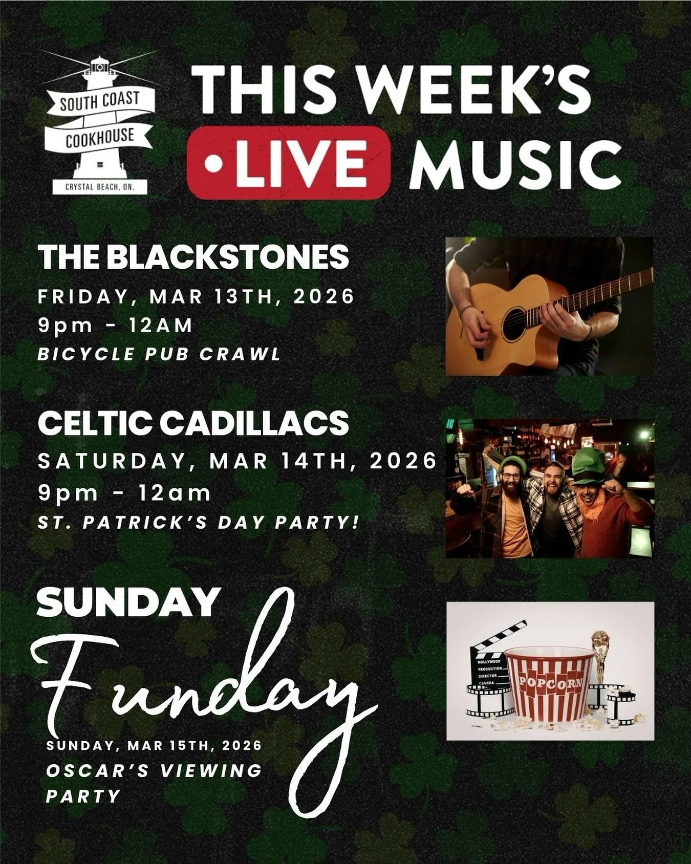 Our weekend lineup at South Coast Cookhouse is looking stacked. 🎶🍻

Friday, March 13 | Bicycle Pub Crawl Night 🚲
Rolling through Crystal Beach for the Friday the 13th Pub Crawl? Make sure South Coast is on your stop list. Visit @thecrystalchandeli
