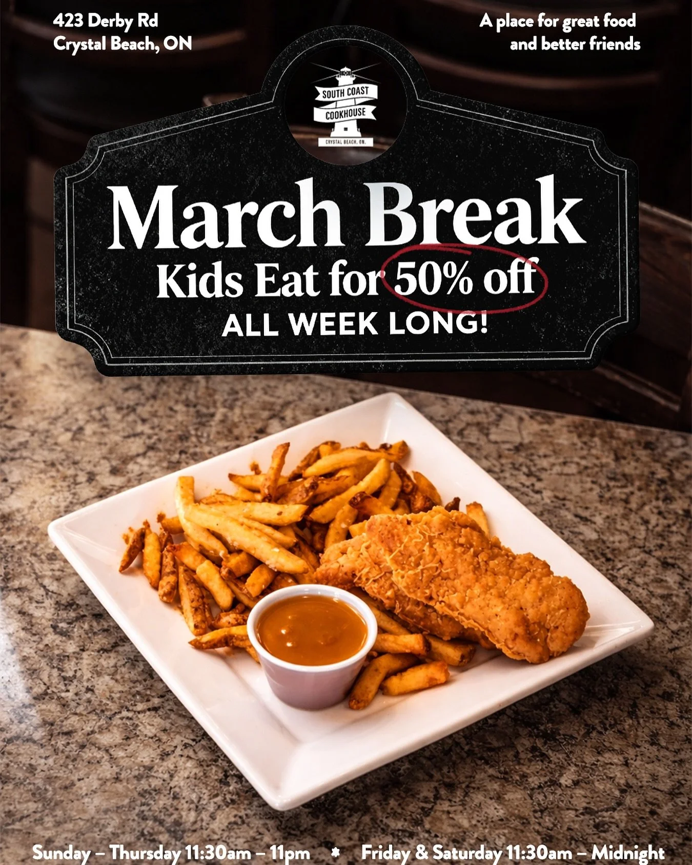 March Break just got a little easier for families 👨&zwj;👩&zwj;👧&zwj;👦

Kids eat 50% off the kids menu, ALL WEEK LONG.

Bring the crew to South Coast Cookhouse and enjoy a family meal without the stress. The kids get their favourites for half the 