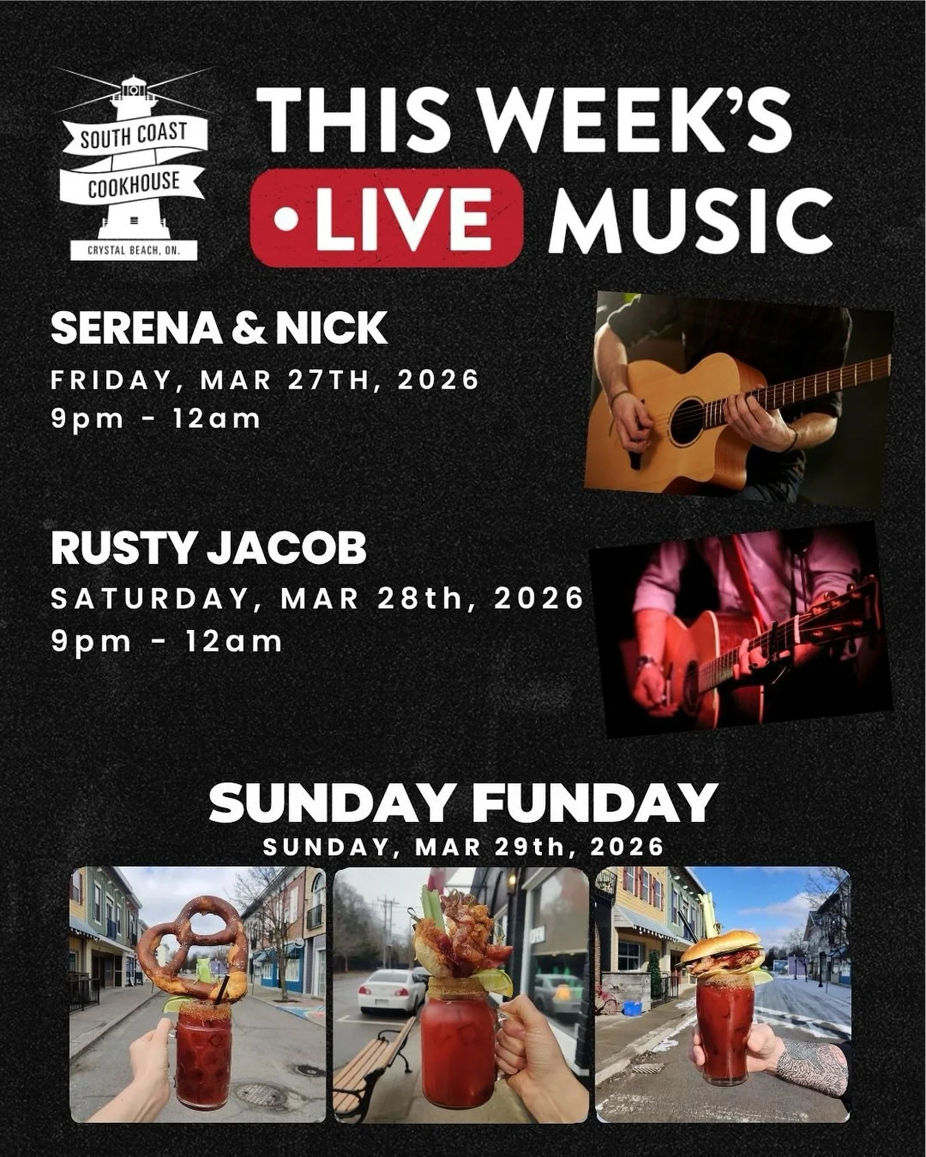 Your weekend plans just found you. 🎶🔥

Friday, March 27 | 9PM&ndash;12AM
Serena &amp; Nick live
Smooth vocals, great energy, and the kind of night that turns into &ldquo;just one more.&rdquo;

Saturday, March 28 | 9PM&ndash;12AM
Rusty Jacob is back