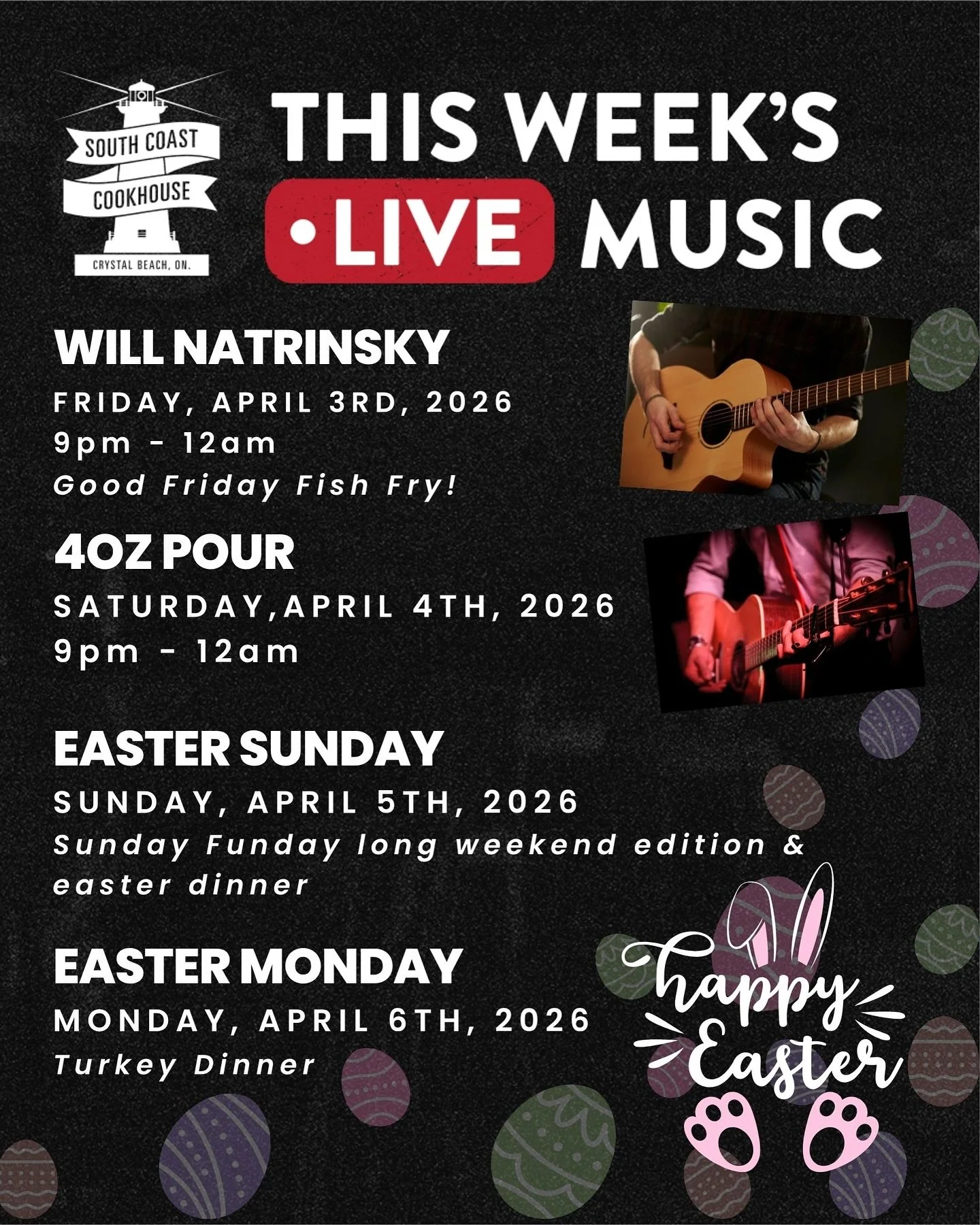 🐣 The long weekend plans? Handled.

From Good Friday to Easter Monday, South Coast Cookhouse is stacked with live music, food features, and everything you need for a proper weekend 👇

🎸 Friday, April 3
Will Natrinsky &mdash; 9PM&ndash;12AM
🐟 Good