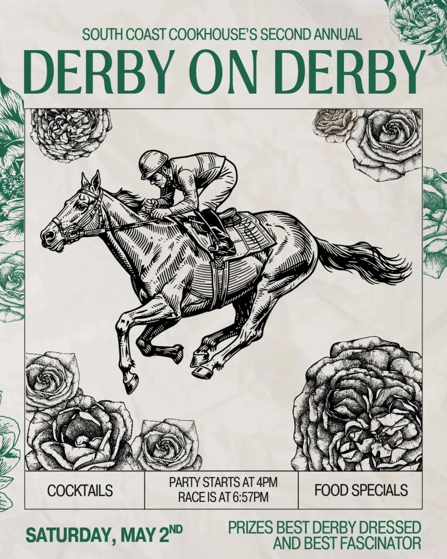 You are all cordially invited to the Second Annual Derby on Derby 🏇

Join us at South Coast, Saturday May 2nd, for an afternoon of Mint Juleps, games and fun as we cheer on the ponies! Prizes for best dressed and best fascinator 🌹

Festivities star
