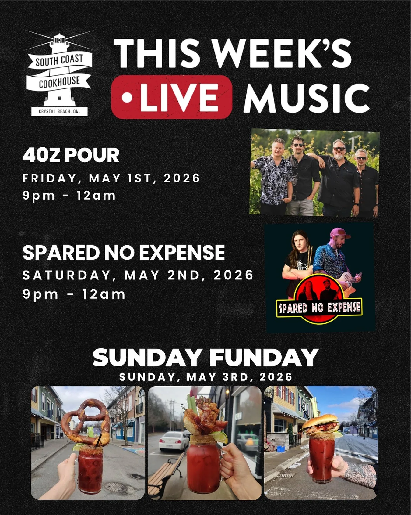 May just showed up&hellip; and so did your weekend plans.

Longer nights, better vibes, and live music that makes it way too easy to stay out.

🎶 Friday, May 1
4oz Pour | 9PM &ndash; 12AM
🎶 Saturday, May 2
Spared No Expense | 9PM &ndash; 12AM

Kick