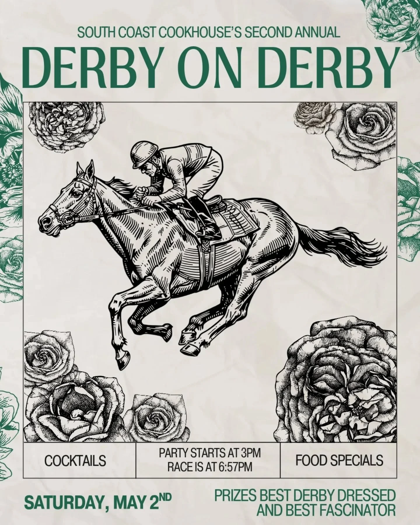 Today's the day! Grab your crew, and your fanciest hat and join us for a mint julep, tasty derby snacks and to watch the race of all races 🏇 Party kicks off at 4, but the race starts at 6:57 🌹