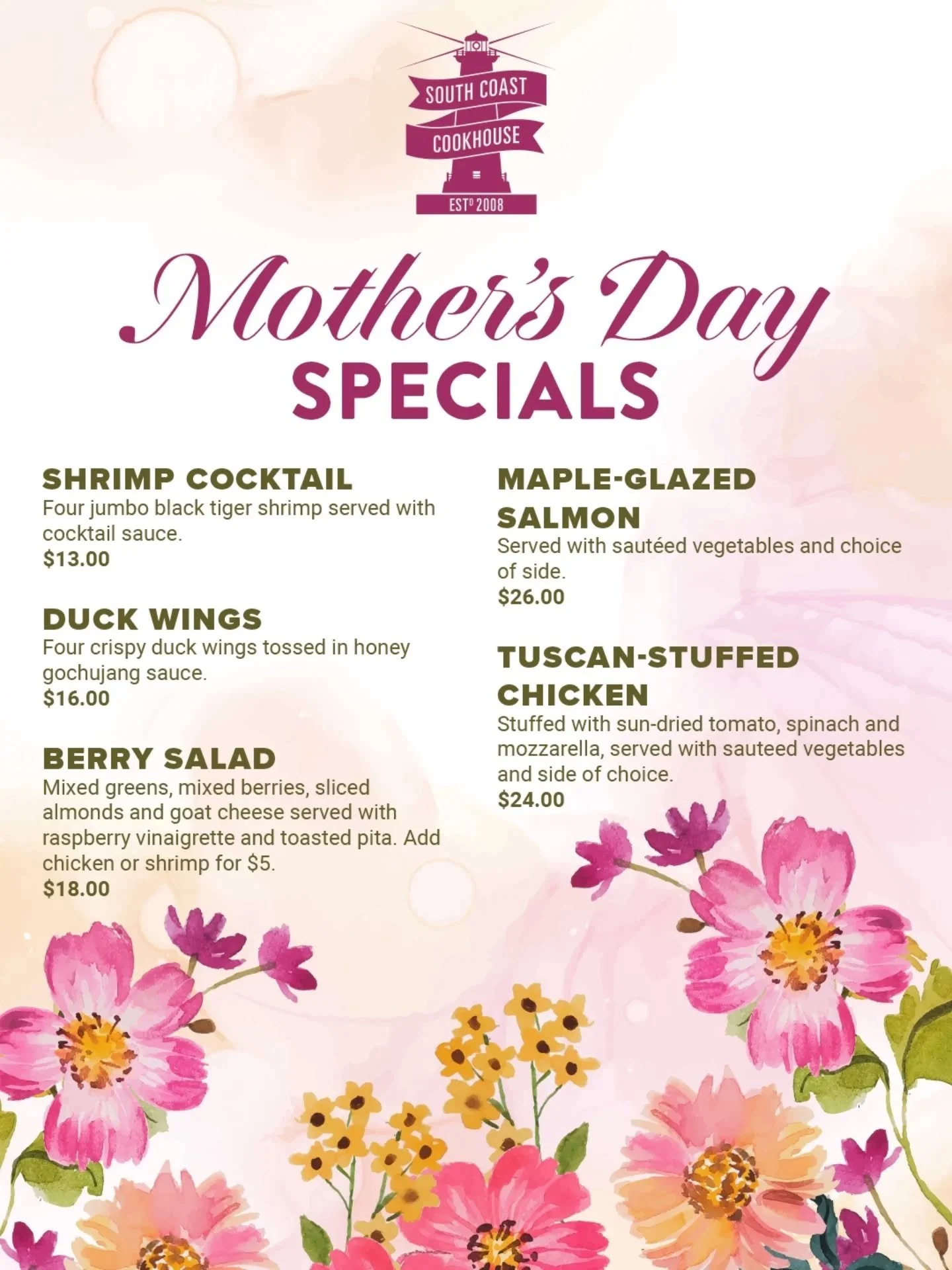 The Mother's Day Menu is here 🌸 Treat Mom to a stroll and shop around Crystal Beach this Sunday and wrap it up with lunch at South Coast!