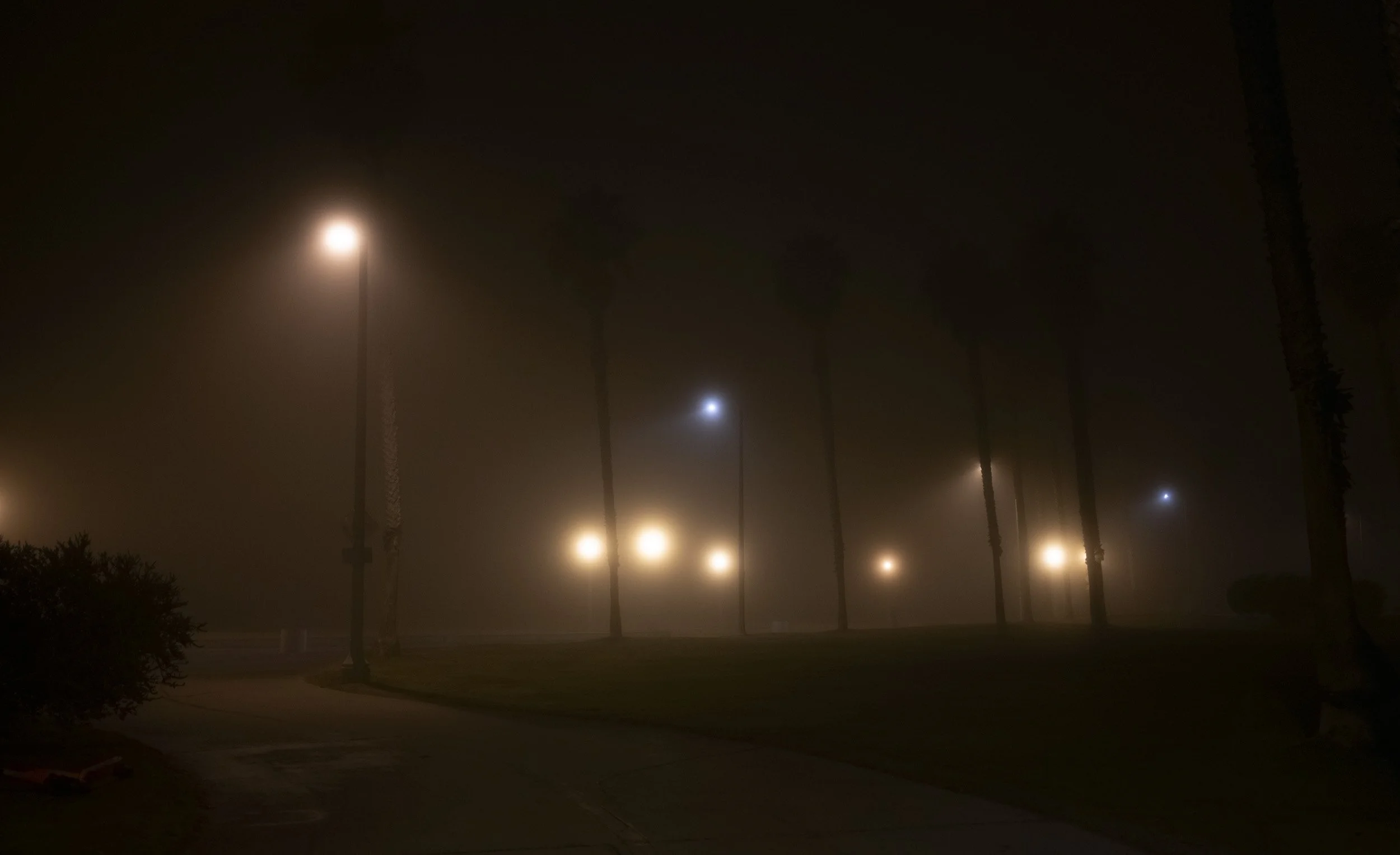 Night scene with streetlights and power poles shrouded in fog or mist, creating a hazy atmosphere.
