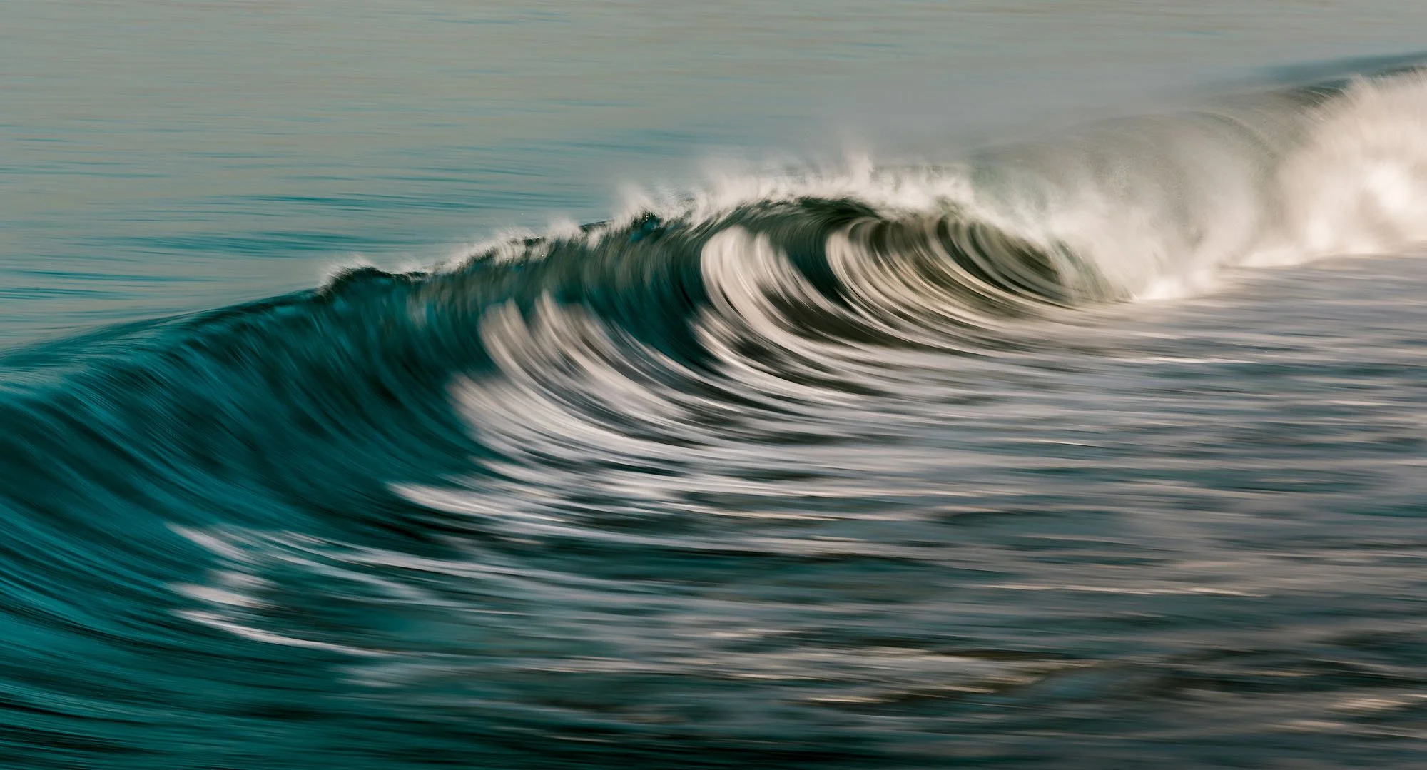 A close-up of ocean waves with water in motion, showing a roller wave with white froth at the crest.