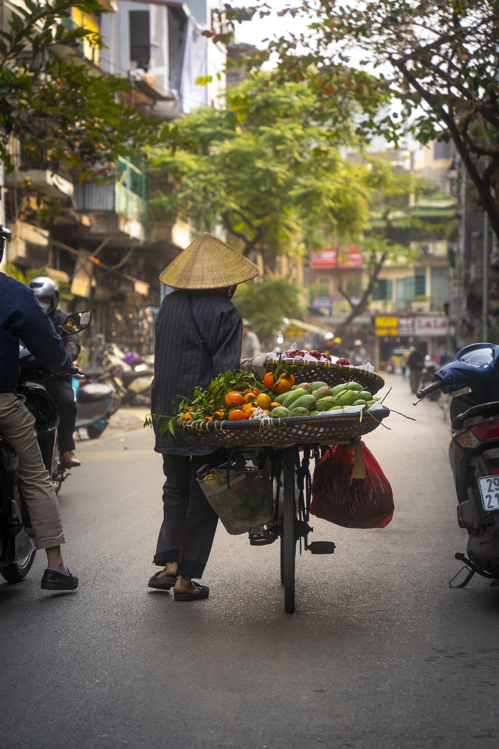A street scene showing a person wearing a traditional conical hat pushing a bicycle cart with a large basket of fresh fruits and vegetables, including oranges and green mangoes, on an urban street.