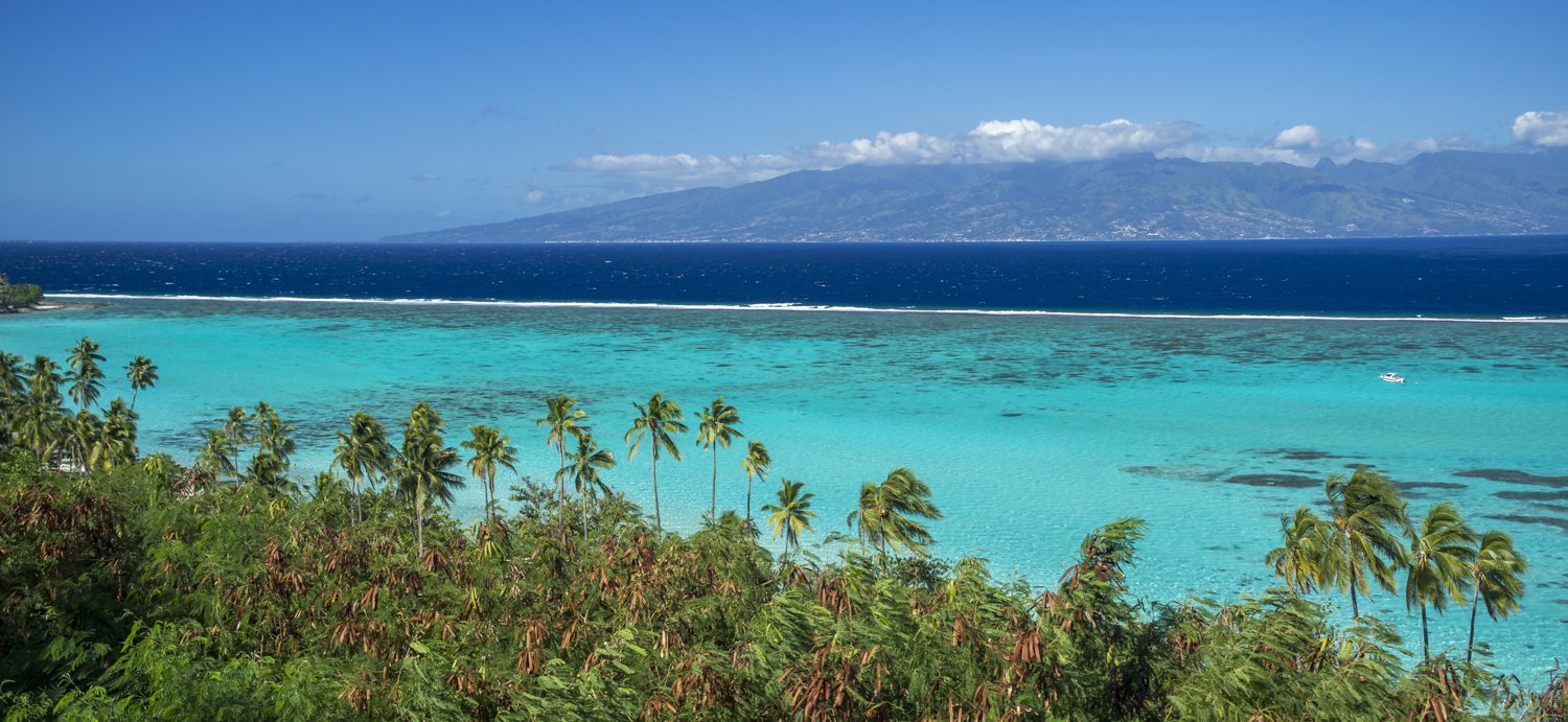 Tropical island landscape with turquoise water, palm trees, and a distant landmass under a partly cloudy sky.