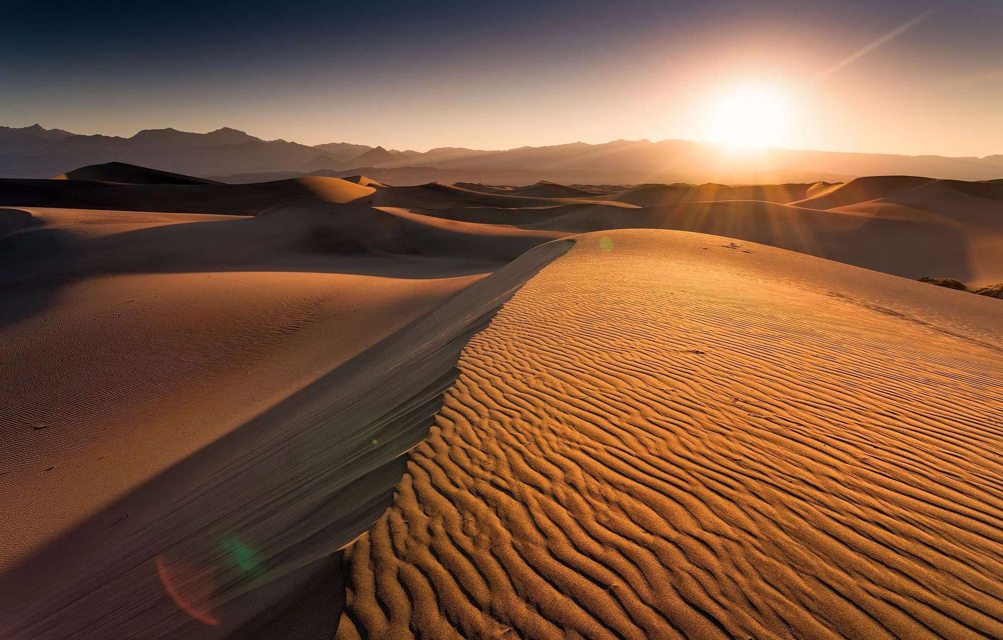 Desert landscape with sand dunes and a setting sun