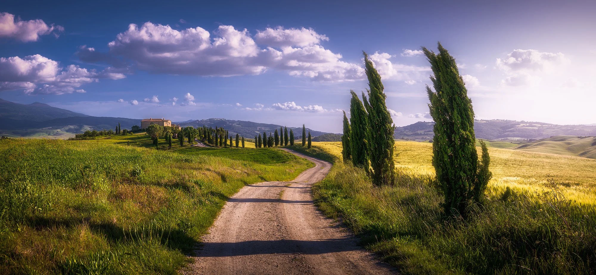 A winding dirt road through green hills with tall cypress trees and a distant building under a partly cloudy sky.