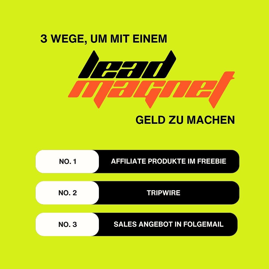 3️⃣ 3 Wege, um mit einem Lead Magnet (Freebie) Geld zu machen

1. 🤝 Affiliate Produkte im Lead Magnet platzieren
2. 🔗 Ein Tripwire
3. 📧 Ein Sales Angebot in einer der Folgemails