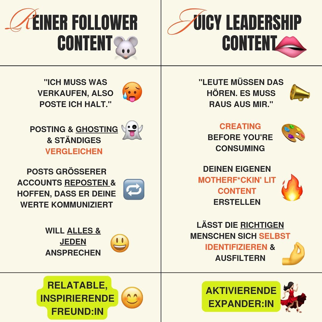 👄Juicy Leadership Content vs. 🐭 reiner Follower Content ist der Unterschied zwischen relatable, inspirierenden Freund:in ☺️ und aktivierende Expander:in 💃🏻 sein.