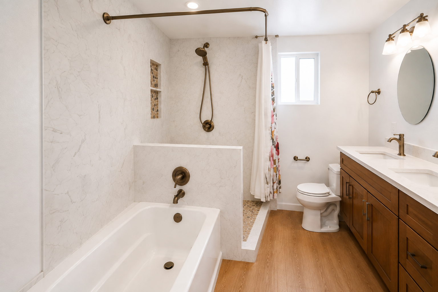 A modern bathroom featuring a bathtub with a bronze faucet, a walk-in shower with bronze fixtures and a small niche, a wooden vanity with double sinks, a round mirror, a toilet, a window, and a floral shower curtain.