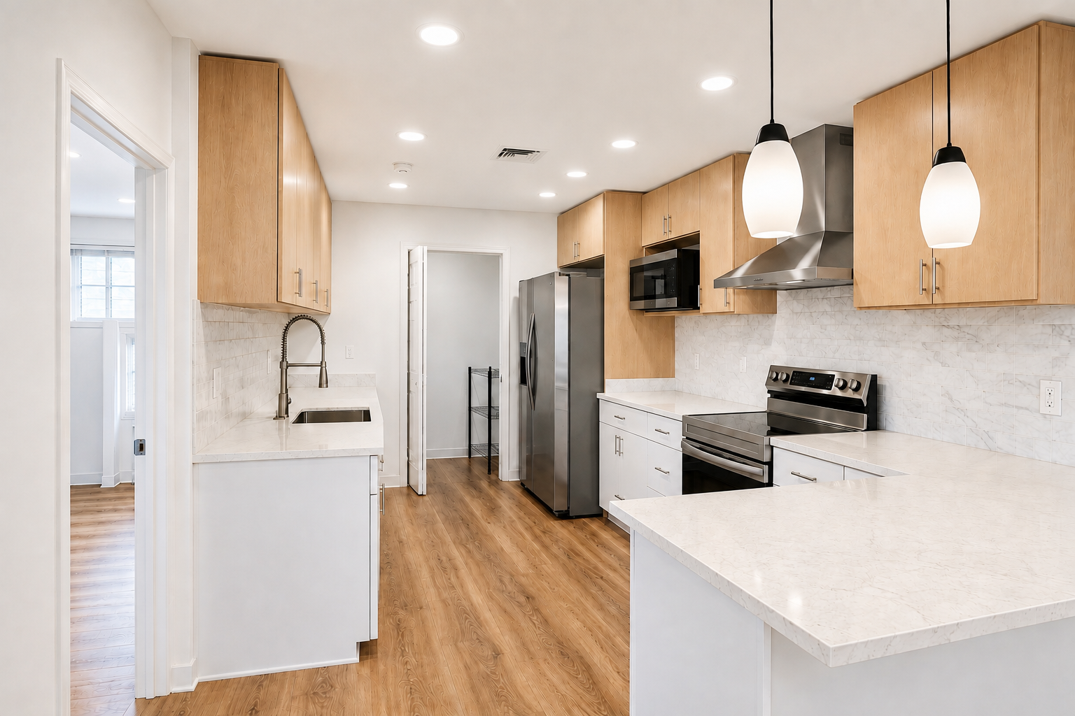 Hawaii Real Estate Photography: Modern kitchen with white countertops, wooden cabinets, stainless steel appliances, pendant lights, and wood flooring.