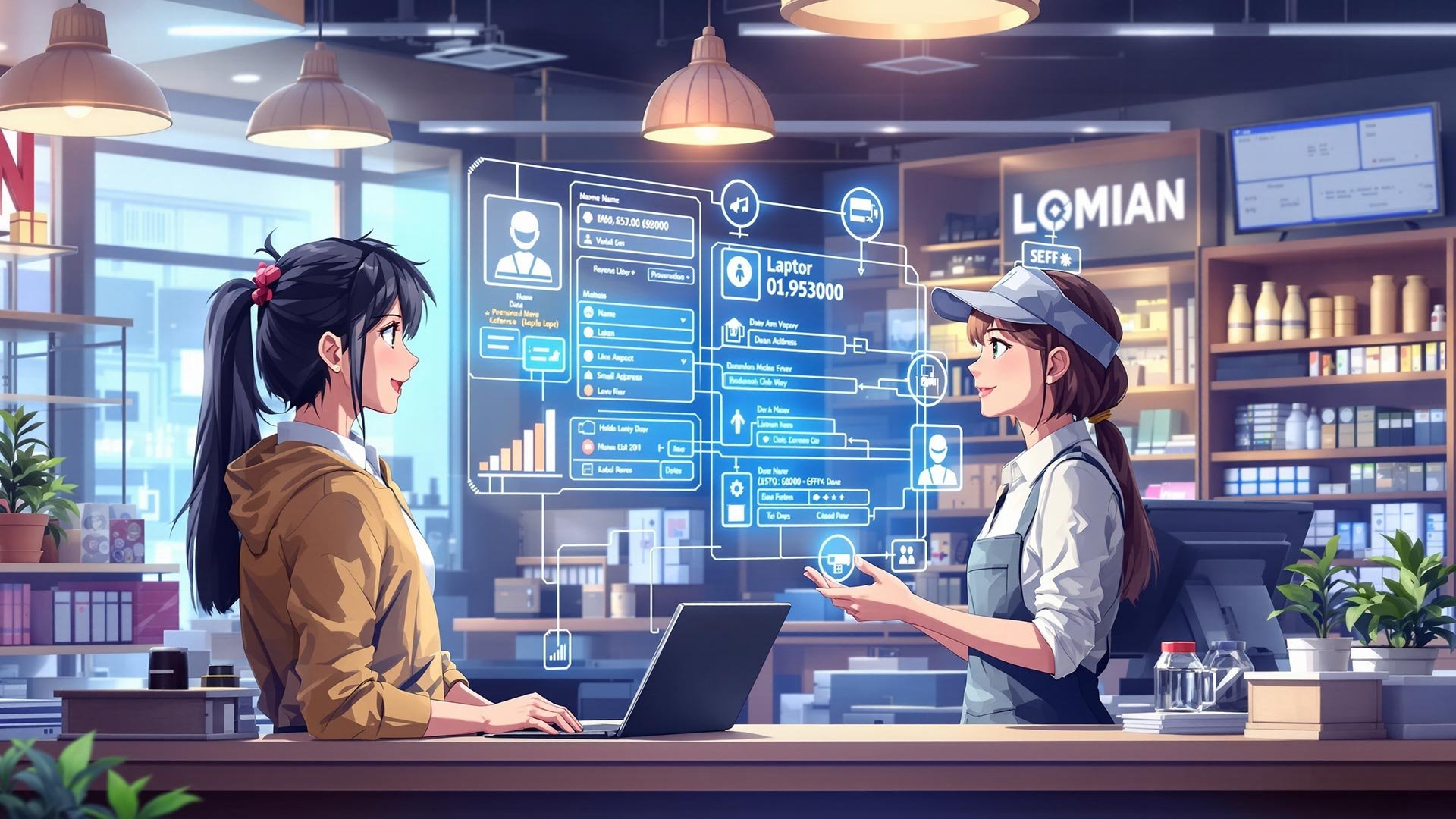 Retail store clerk talking to customers and inputting data.