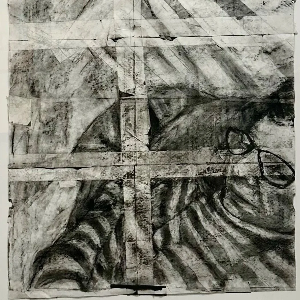 "Attempting Order." 2025. Charcoal on Paper and Tape. 48 x 14."