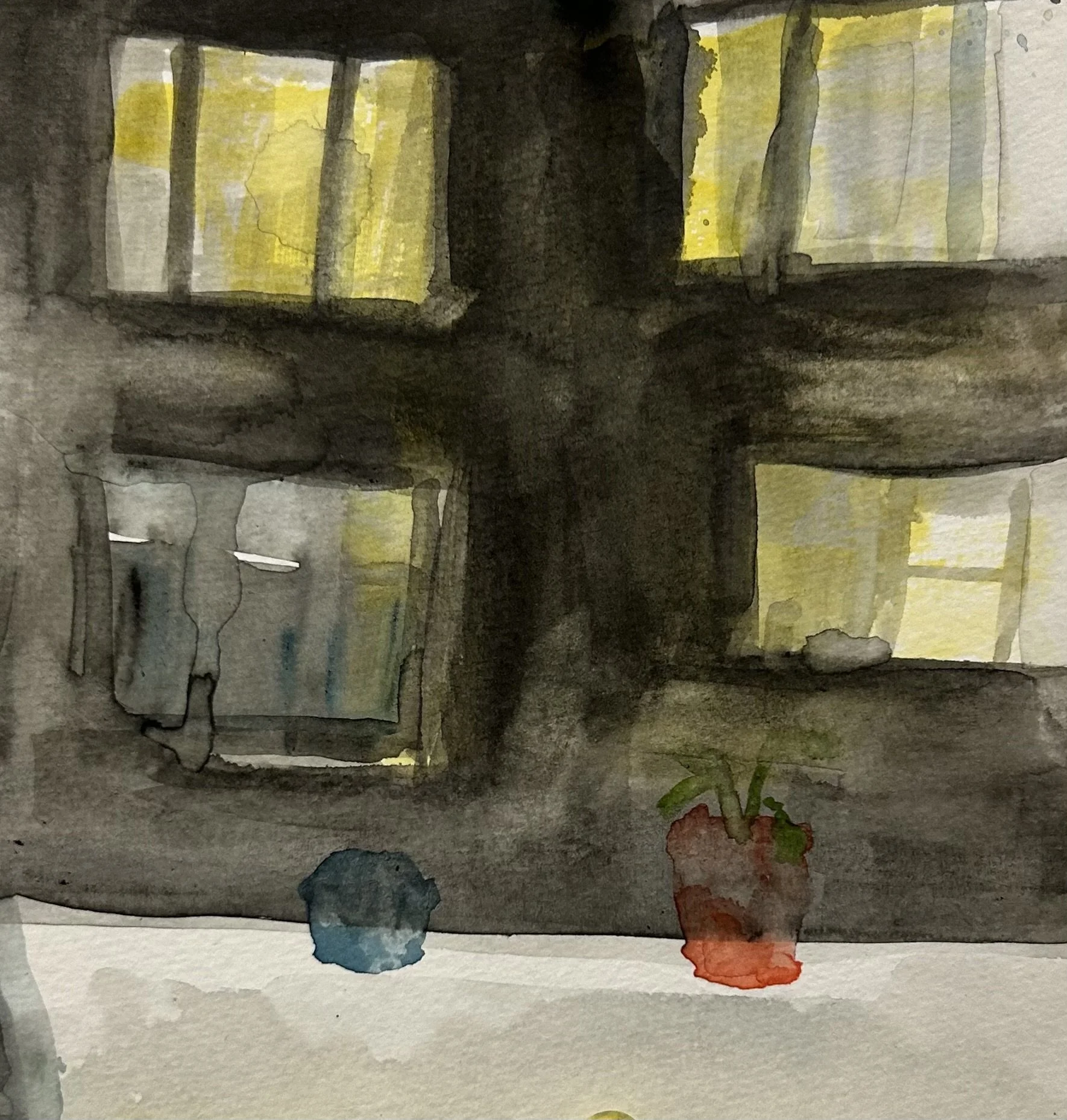 "At Night." 2025. Watercolor on Paper. 8 x8."