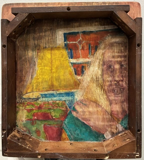 Untitled. 2026. Oil on wooden chair seat.           14 x 12."